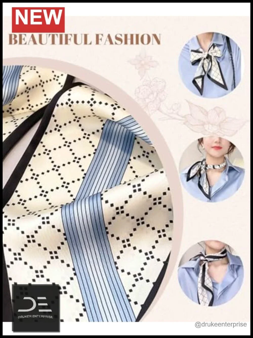Satin Neck Scarf for Women Printed Fashion Scarf Oblique Angle Design 59in x